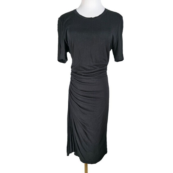 $495 A.L.C. Black Ruched Midi LARGE Curvy Knee Length Designer Shirt dress alc - Picture 10 of 10